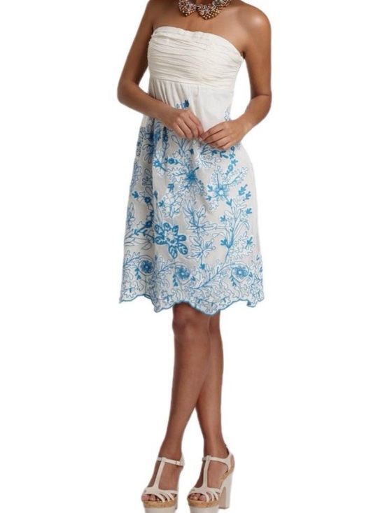 Anthropologie Dresses & Skirts - Anthropologie • Vanessa Virginia Cream Strapless Dress W/ Blue Floral Embroidery